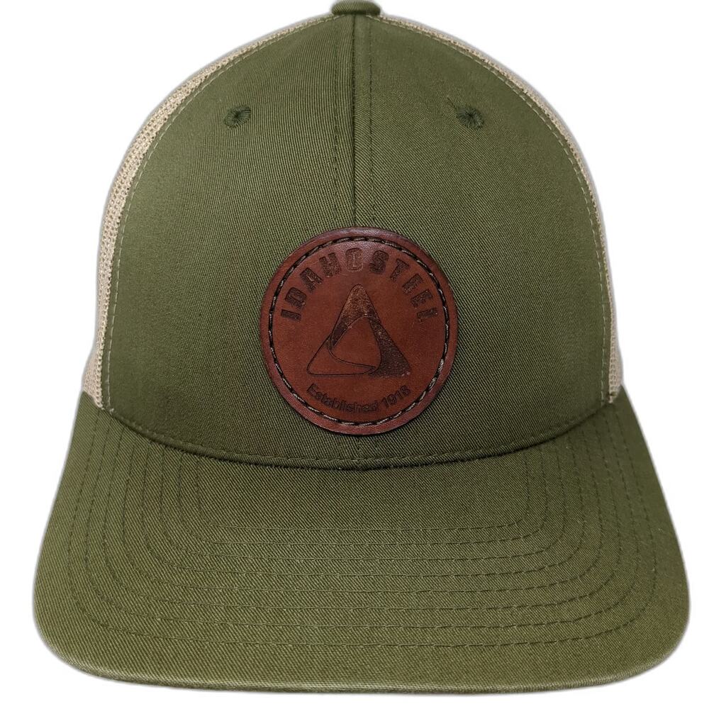 Yupoong Trucker Hat Green Beige One Size Idaho Steel Leather Patch Snapback Mesh